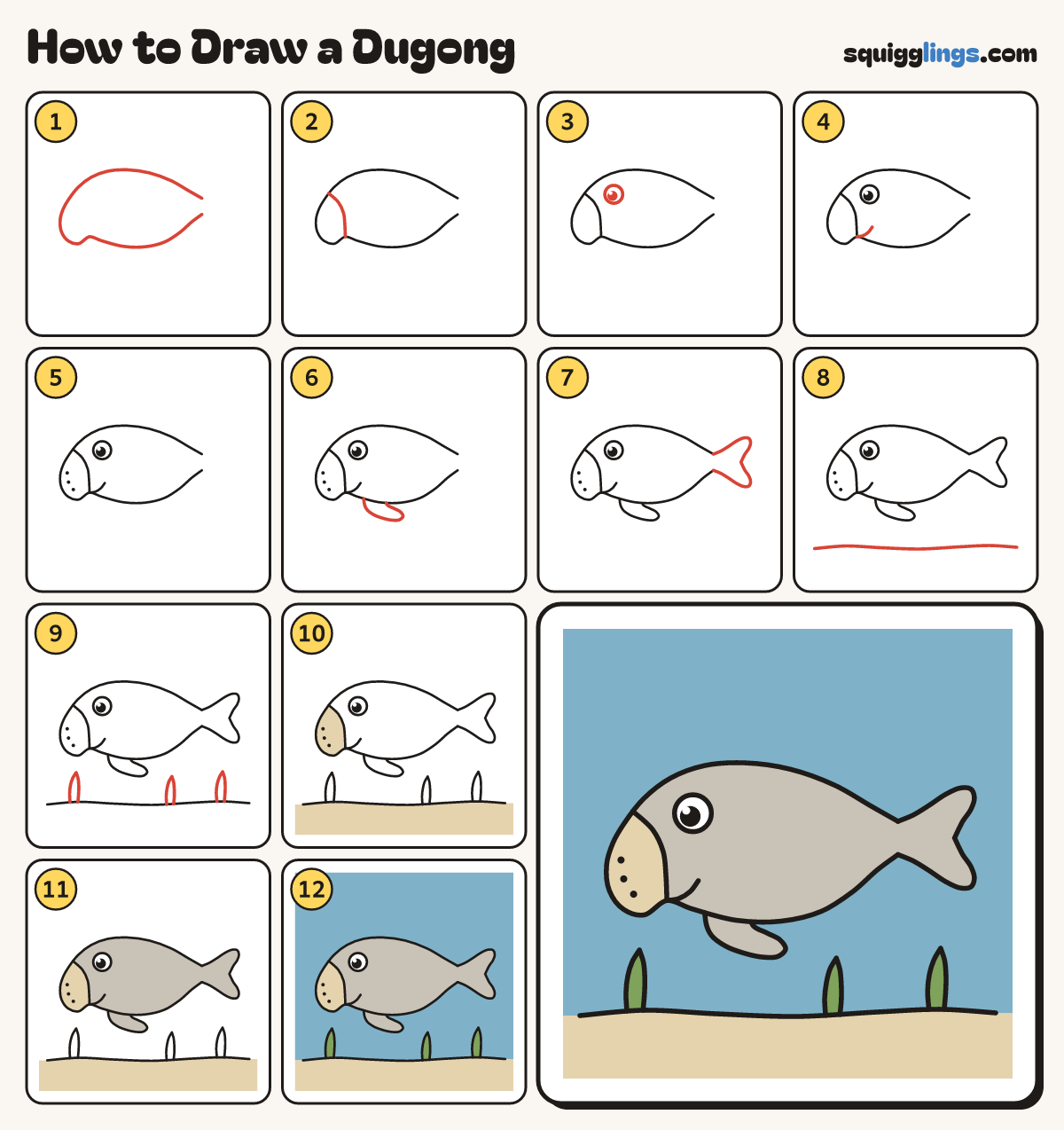 How to Draw a Dugong step by step: all 12 steps in one picture