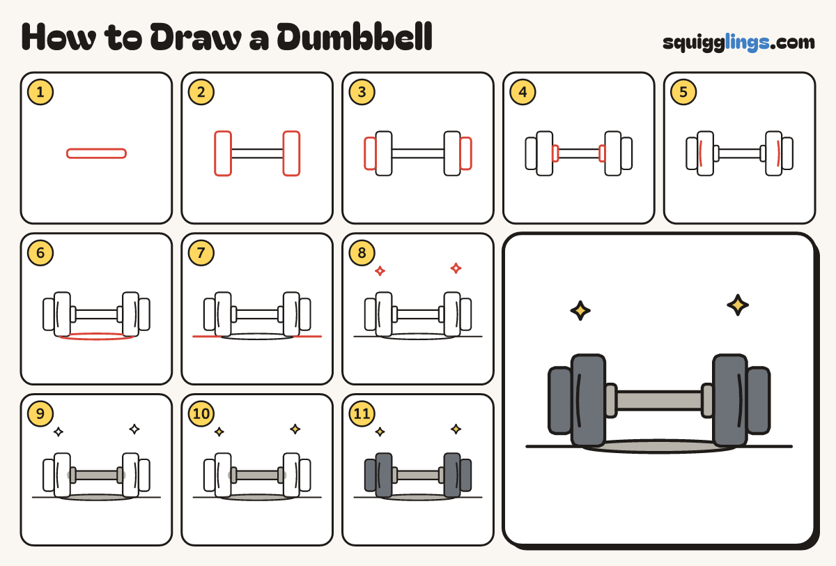 How to Draw a Dumbbell step by step: all 11 steps in one picture