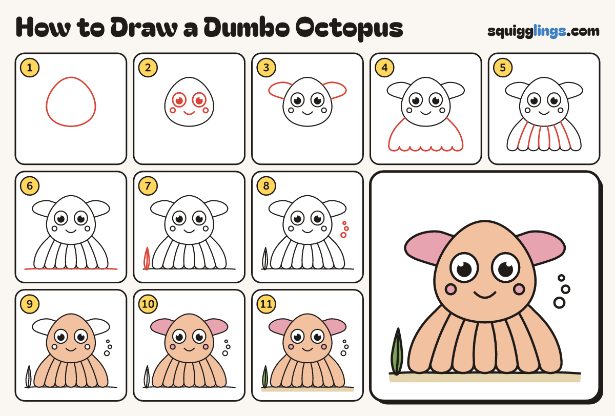 How to Draw a Dumbo Octopus step by step: all 11 steps in one picture