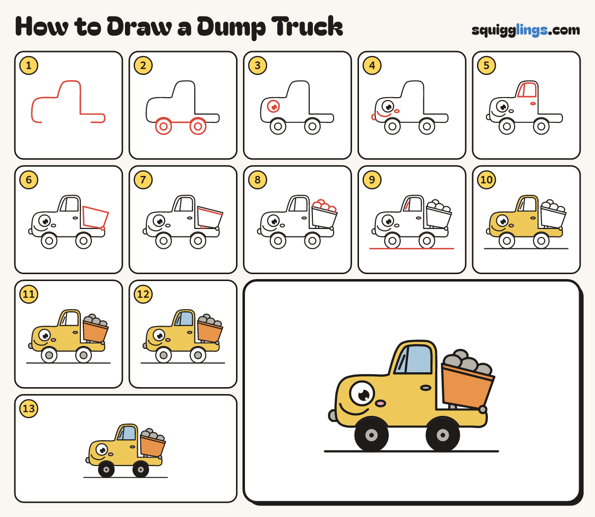 How to Draw a Dump Truck step by step: all 13 steps in one picture
