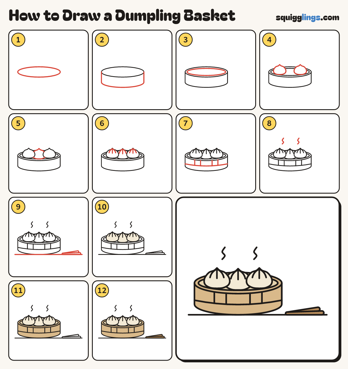 How to Draw a Dumpling Basket step by step: all 12 steps in one picture
