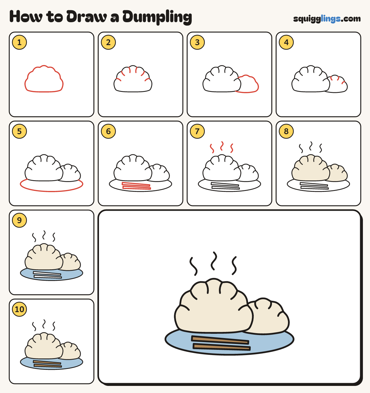 How to Draw a Dumpling step by step: all 10 steps in one picture