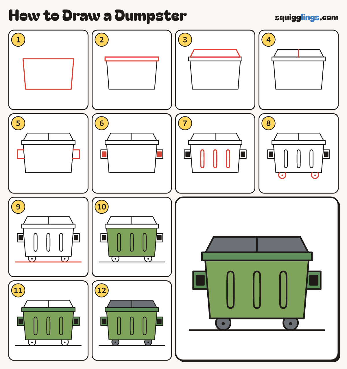 How to Draw a Dumpster step by step: all 12 steps in one picture
