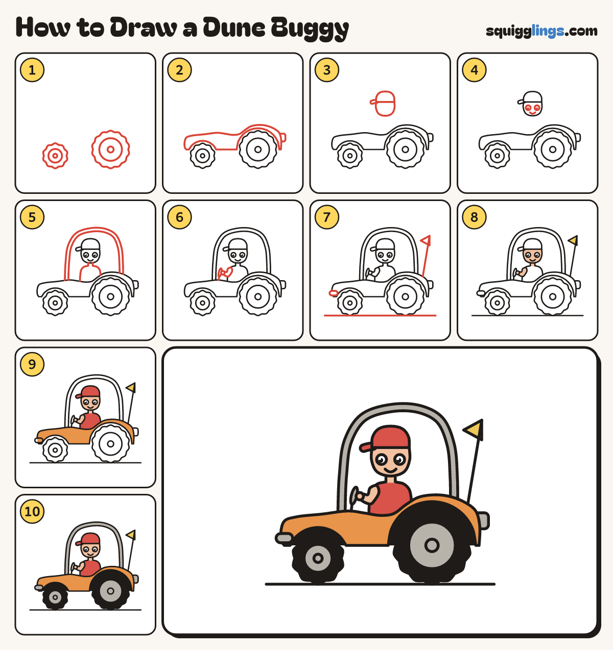 How to Draw a Dune Buggy step by step: all 10 steps in one picture
