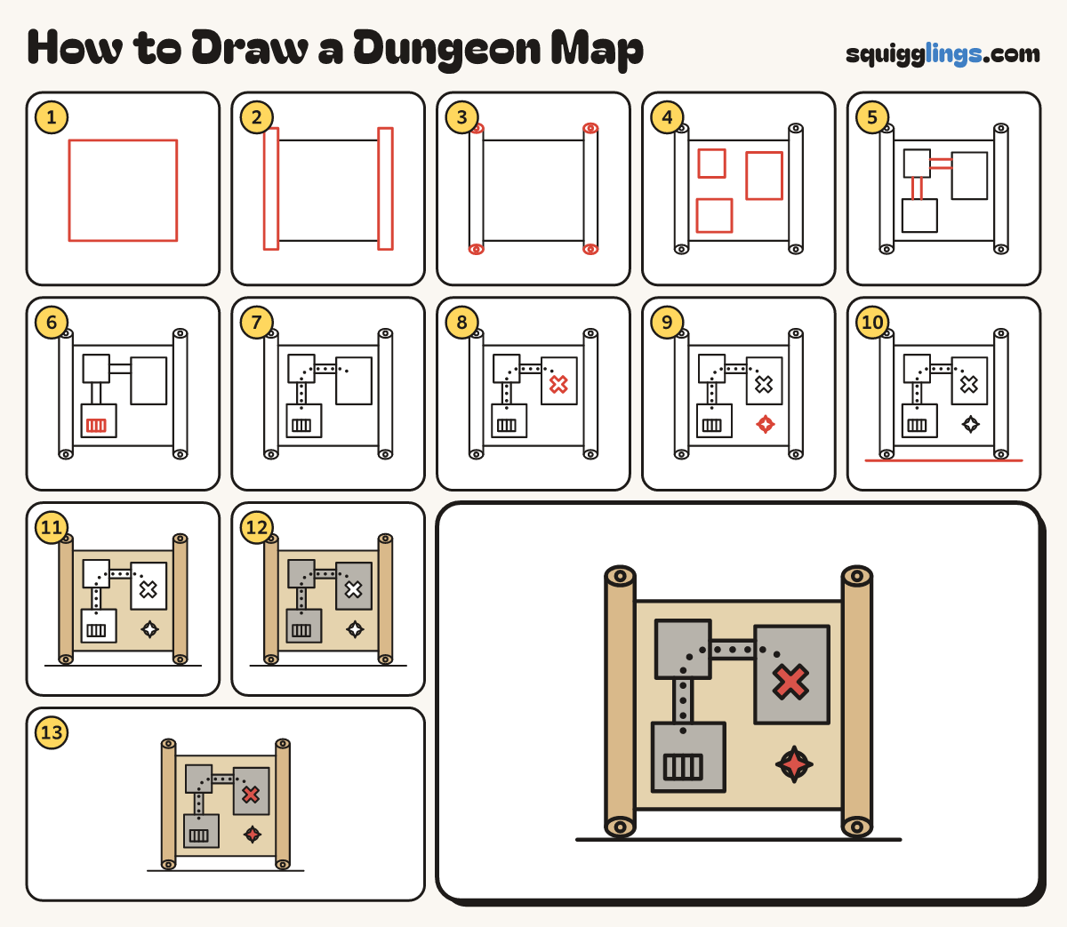 How to Draw a Dungeon Map step by step: all 13 steps in one picture