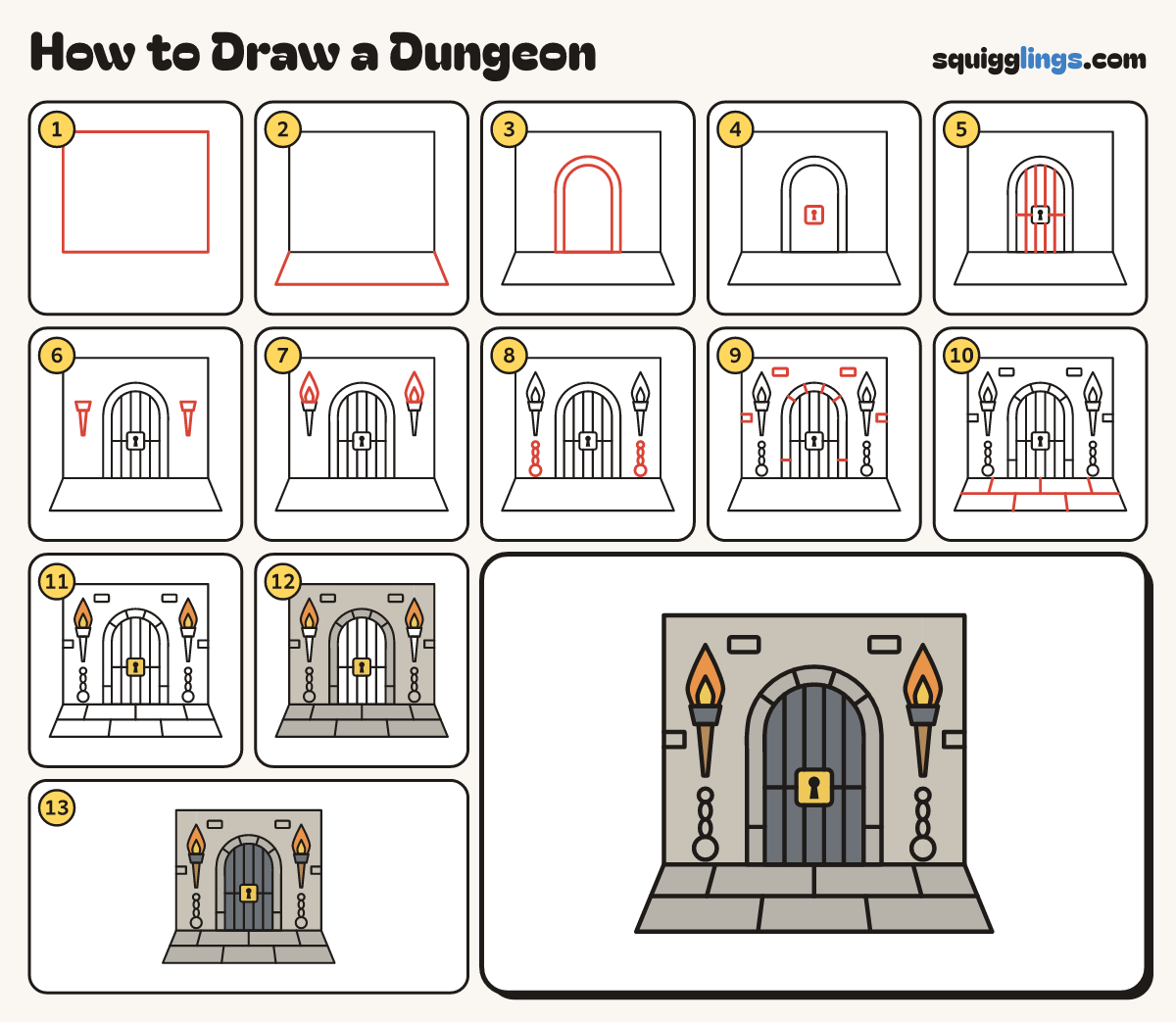 How to Draw a Dungeon step by step: all 13 steps in one picture