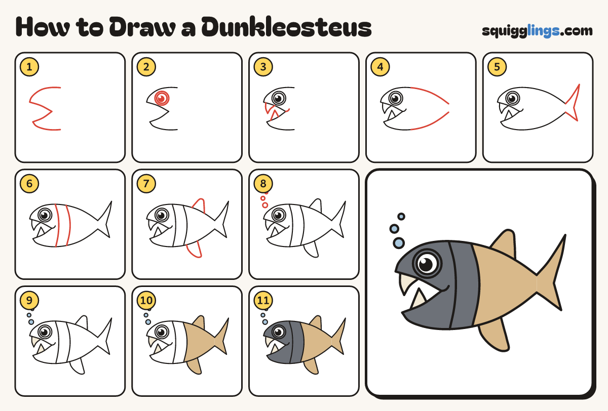 How to Draw a Dunkleosteus step by step: all 11 steps in one picture