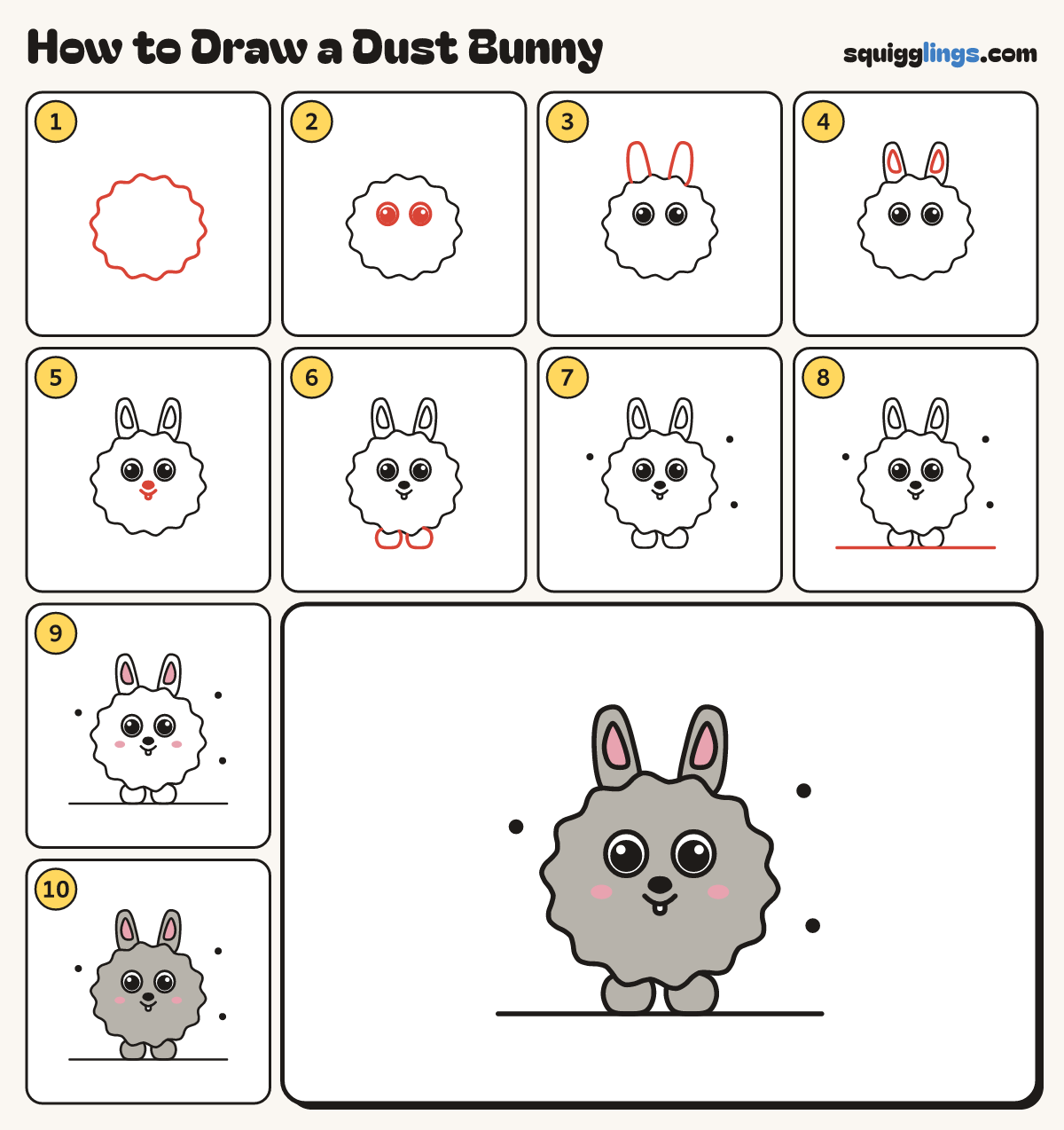 How to Draw a Dust Bunny step by step: all 10 steps in one picture