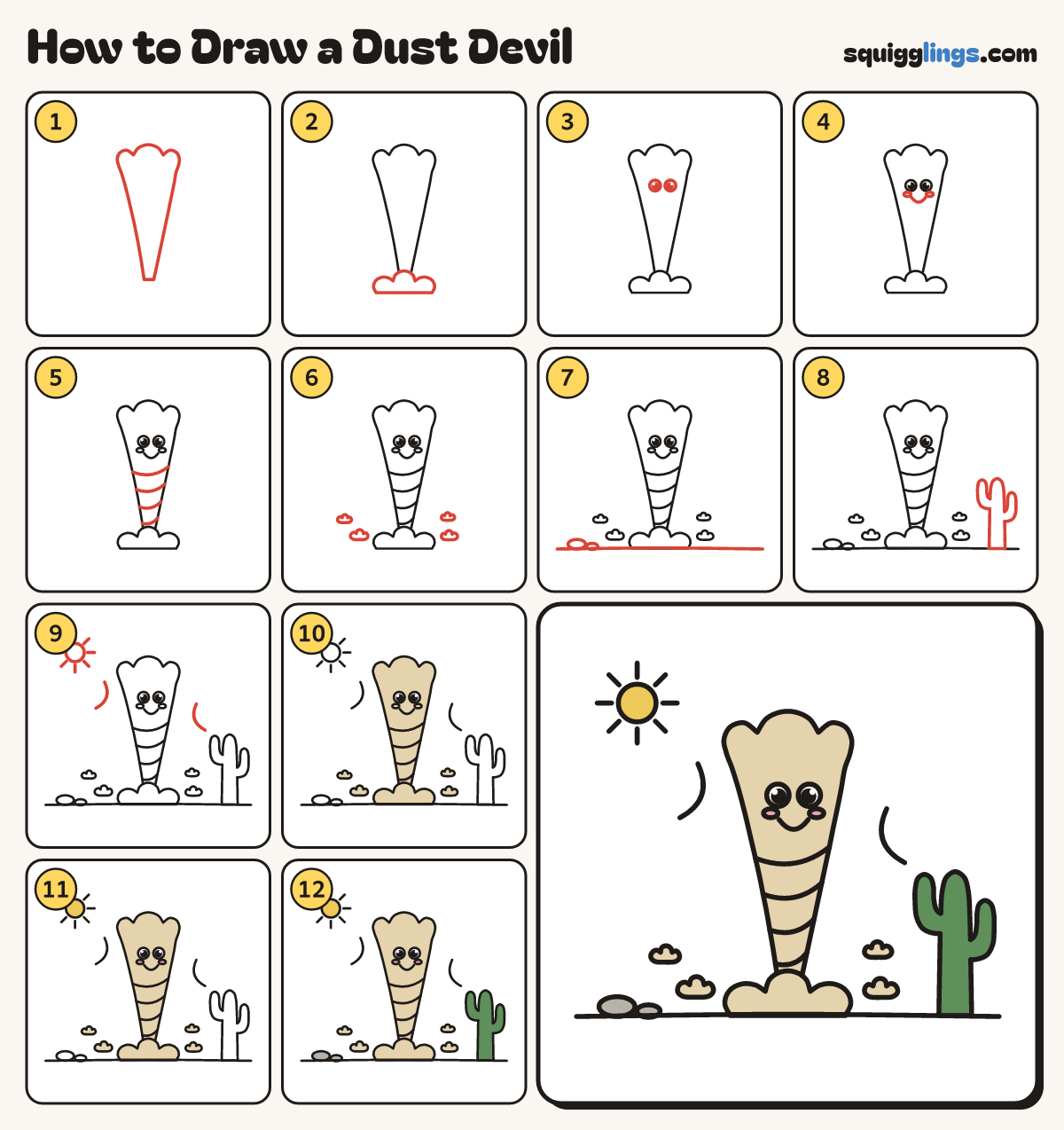 How to Draw a Dust Devil step by step: all 12 steps in one picture