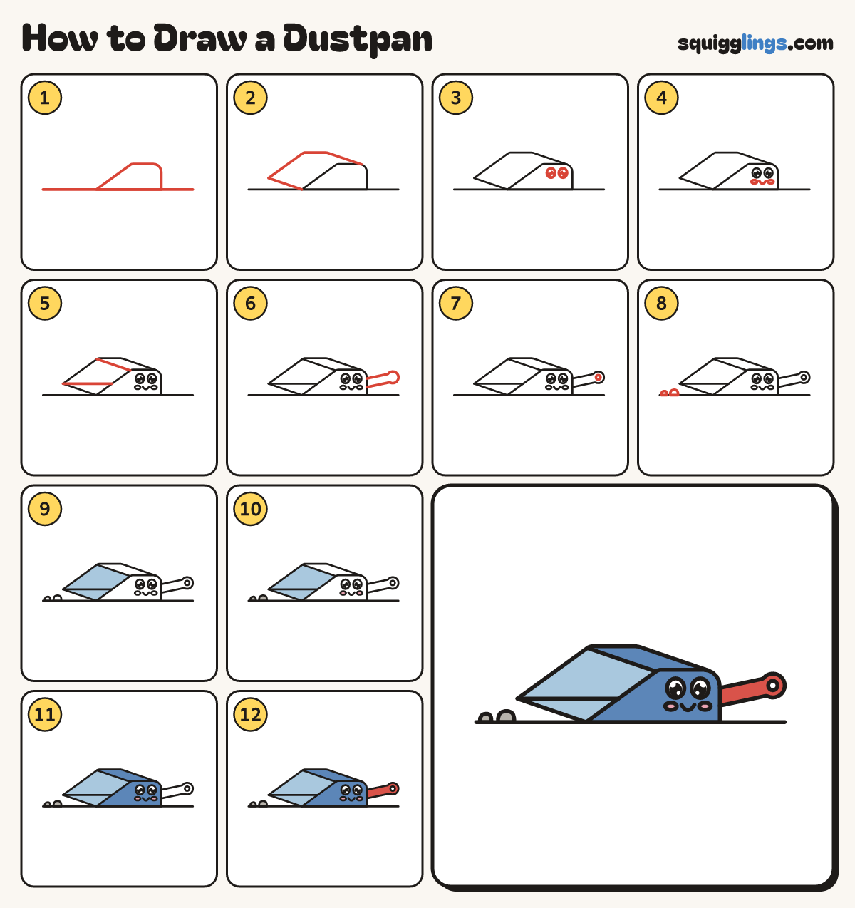 How to Draw a Dustpan step by step: all 12 steps in one picture