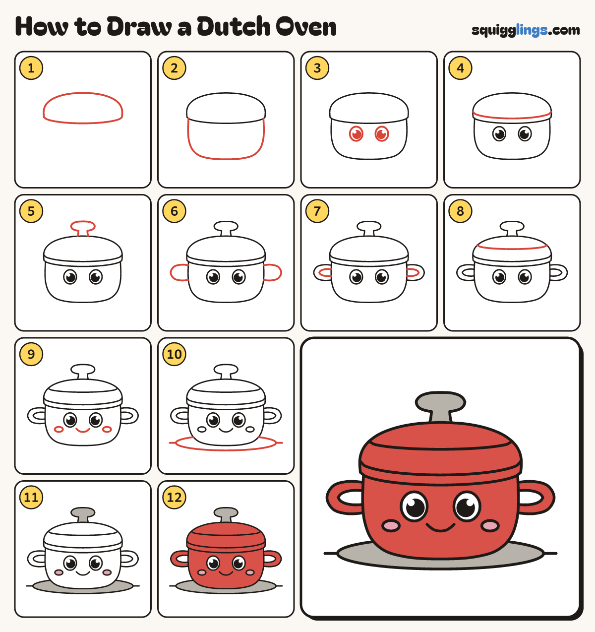How to Draw a Dutch Oven step by step: all 12 steps in one picture
