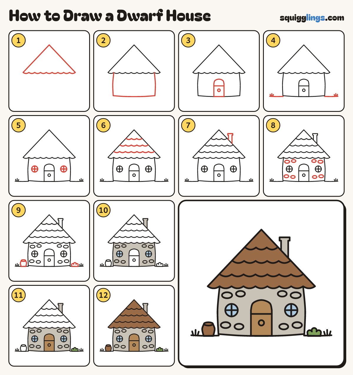 How to Draw a Dwarf House step by step: all 12 steps in one picture