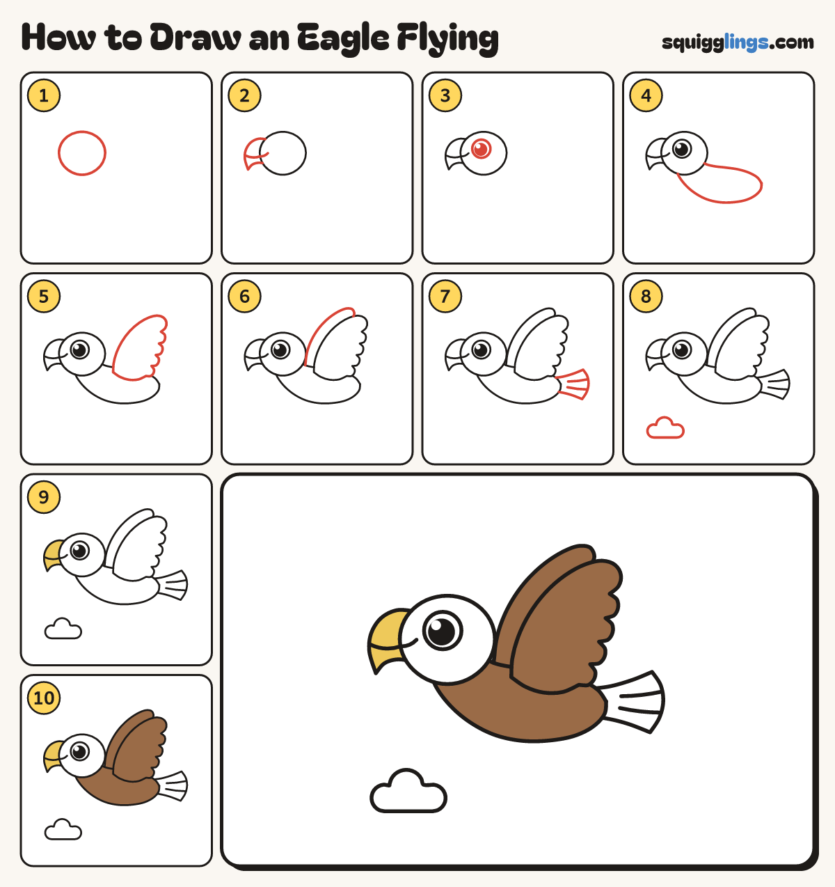 How to Draw an Eagle Flying step by step: all 10 steps in one picture