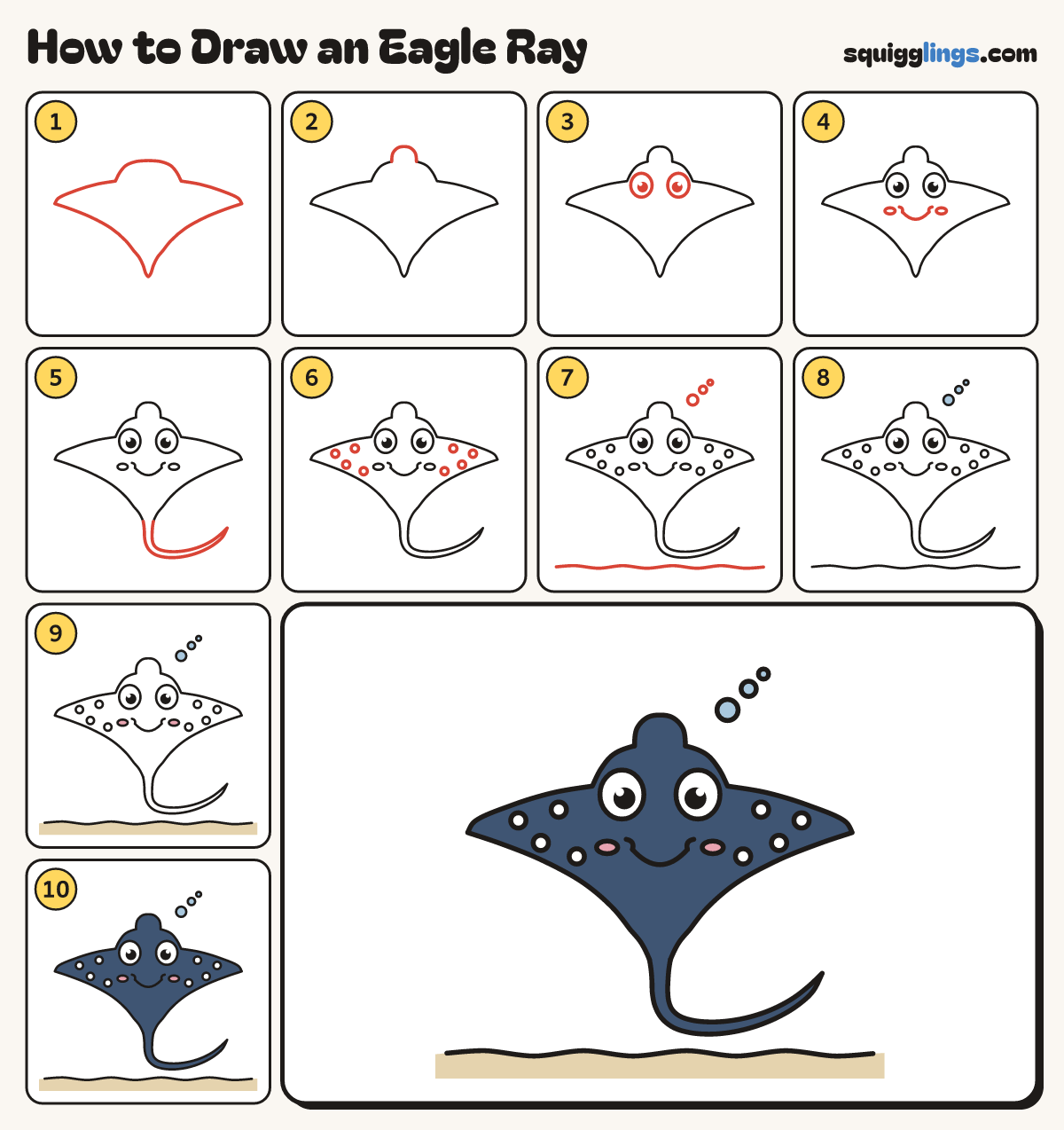 How to Draw an Eagle Ray step by step: all 10 steps in one picture