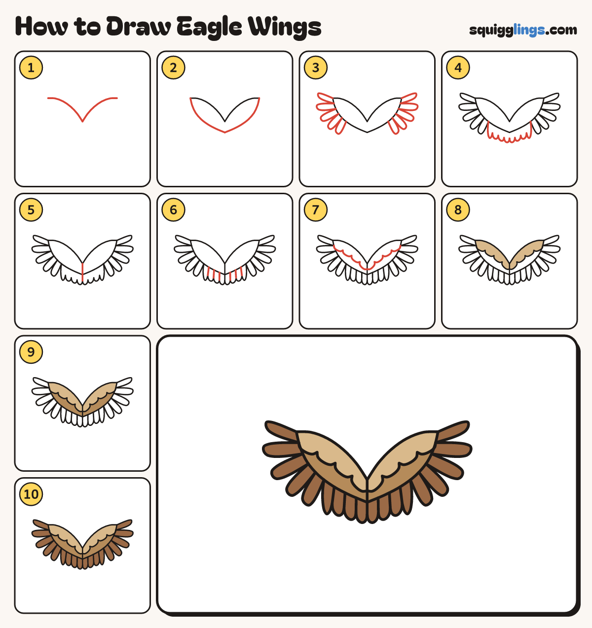 How to Draw Eagle Wings step by step: all 10 steps in one picture