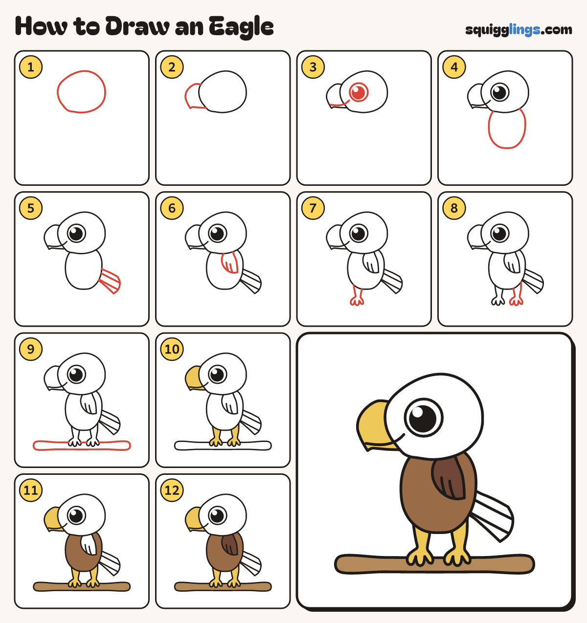 How to Draw an Eagle step by step: all 12 steps in one picture