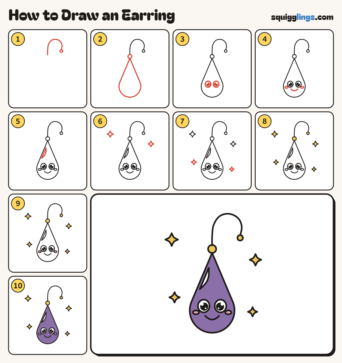 How to Draw an Earring step by step: all 10 steps in one picture