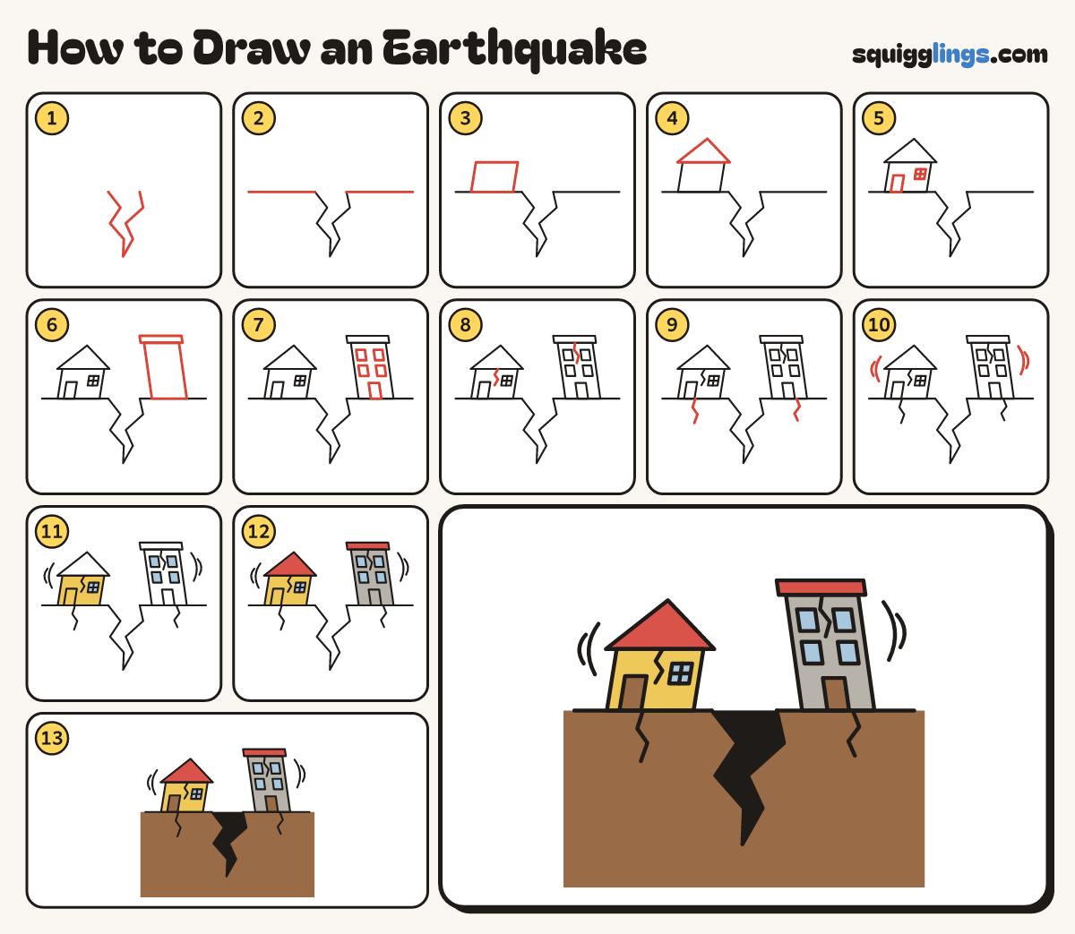 How to Draw an Earthquake step by step: all 13 steps in one picture