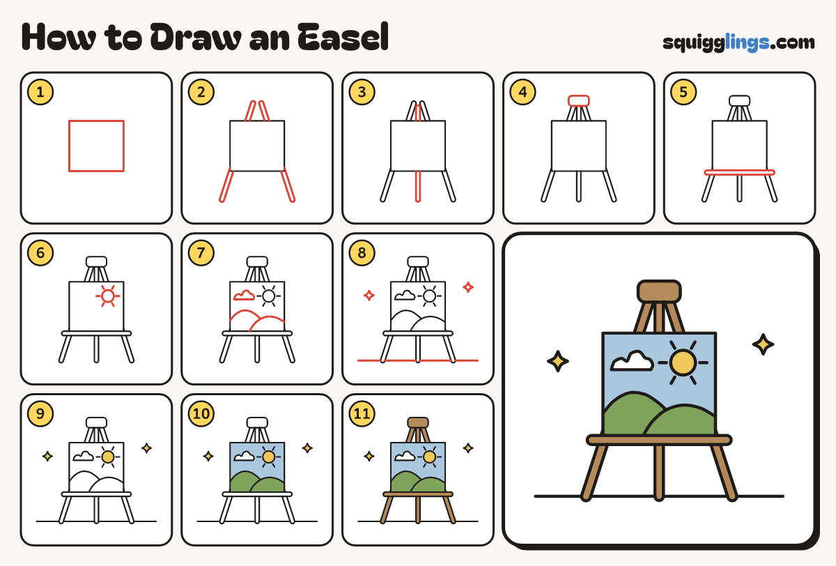 How to Draw an Easel step by step: all 11 steps in one picture
