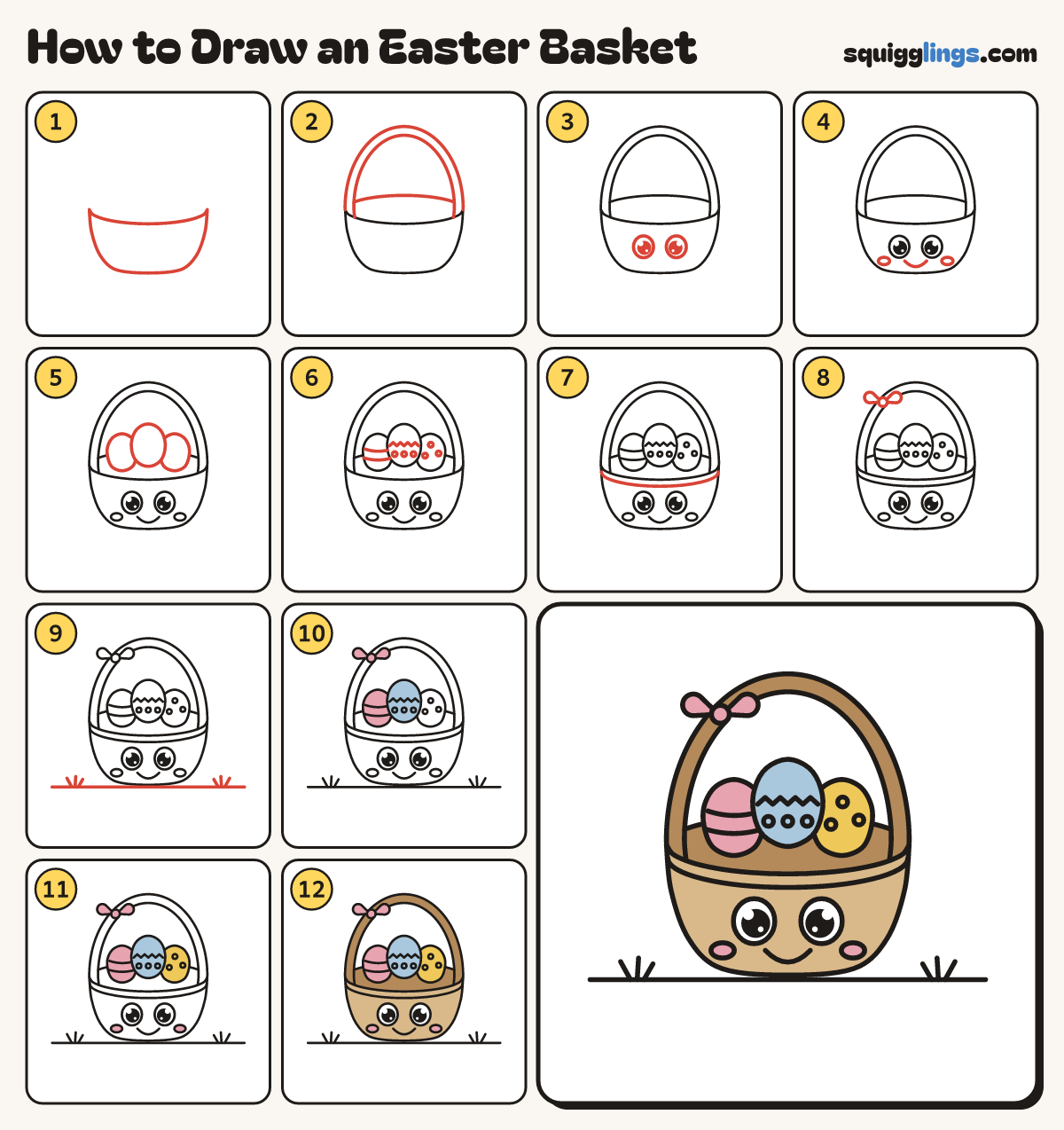 How to Draw an Easter Basket step by step: all 12 steps in one picture