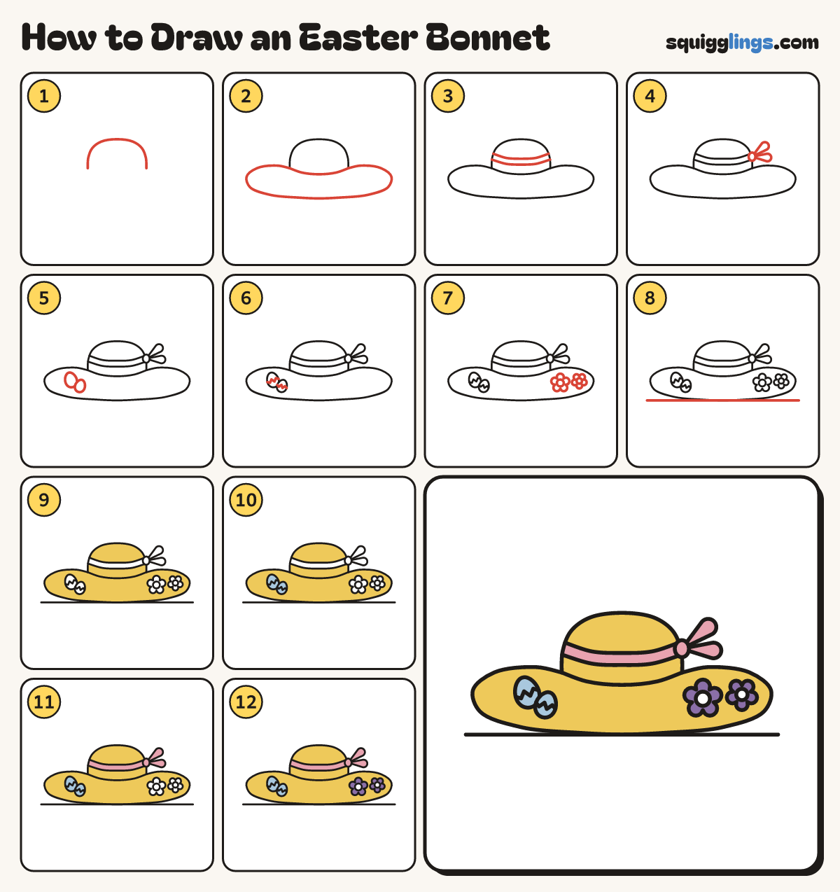How to Draw an Easter Bonnet step by step: all 12 steps in one picture