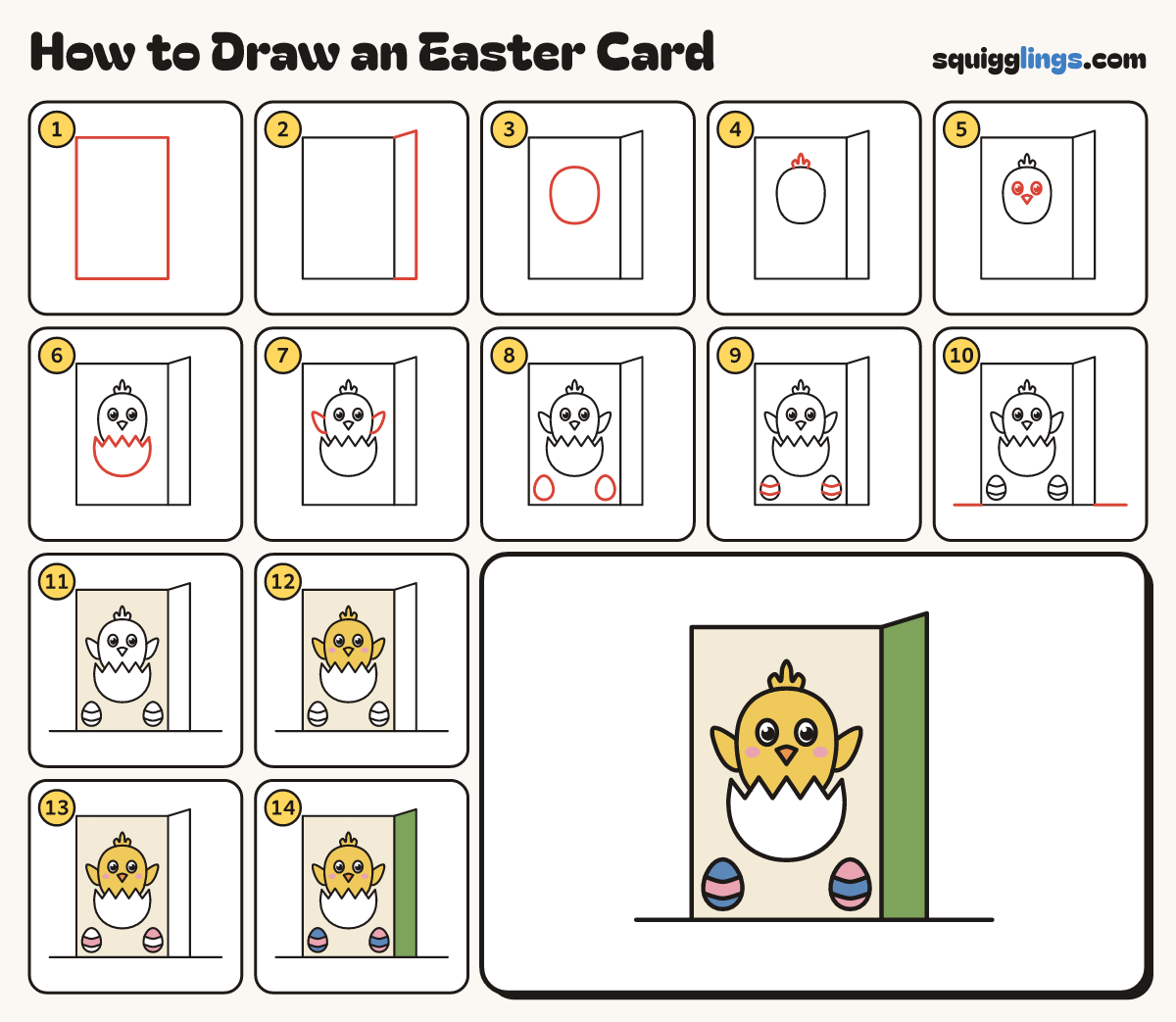 How to Draw an Easter Card step by step: all 14 steps in one picture