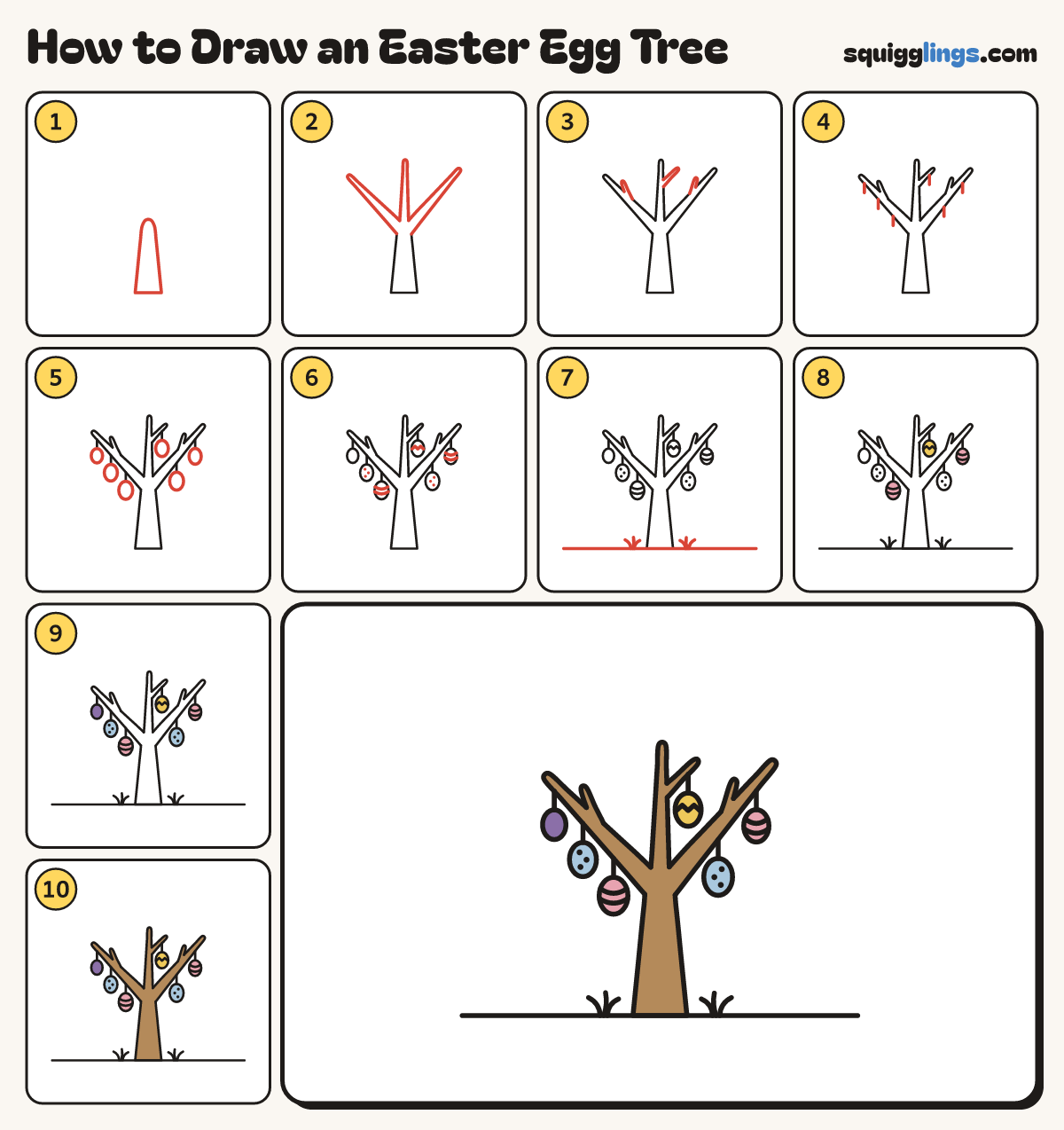 How to Draw an Easter Egg Tree step by step: all 10 steps in one picture