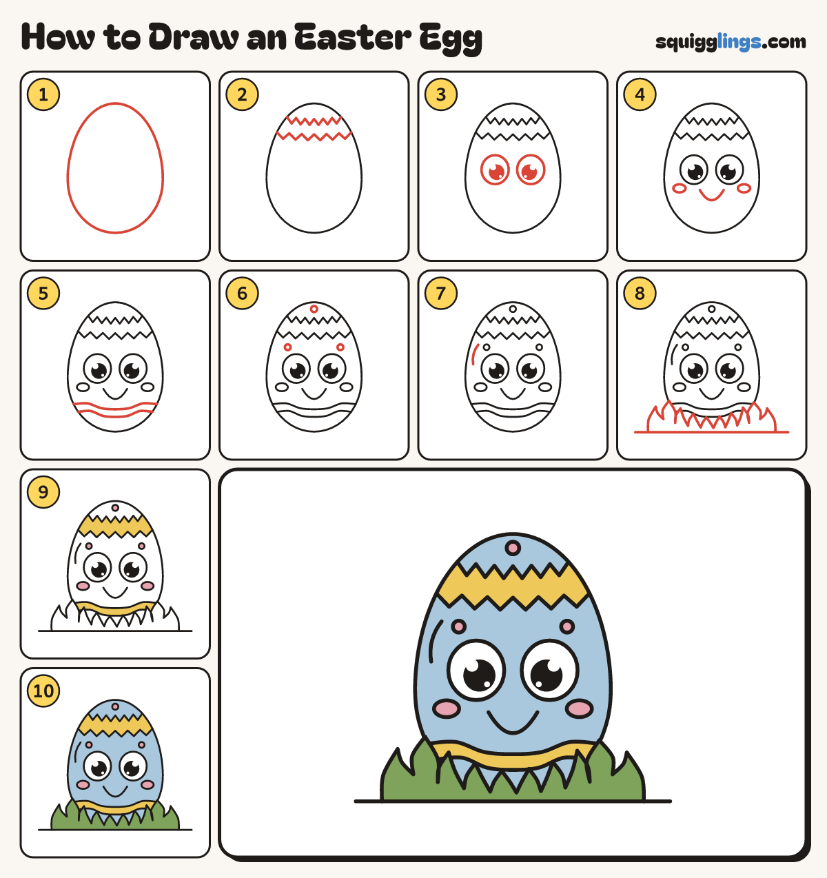 How to Draw an Easter Egg step by step: all 10 steps in one picture