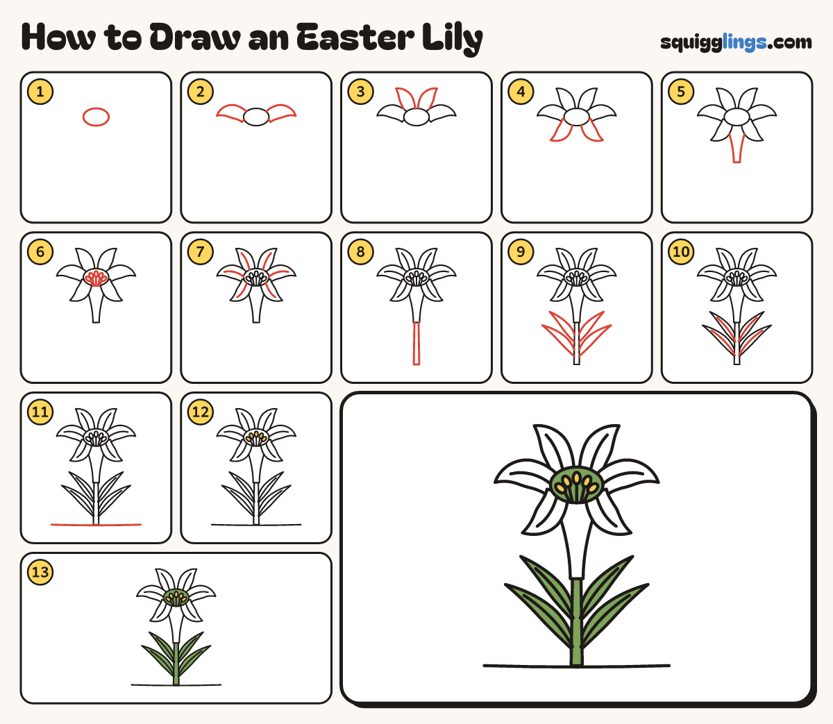 How to Draw an Easter Lily step by step: all 13 steps in one picture