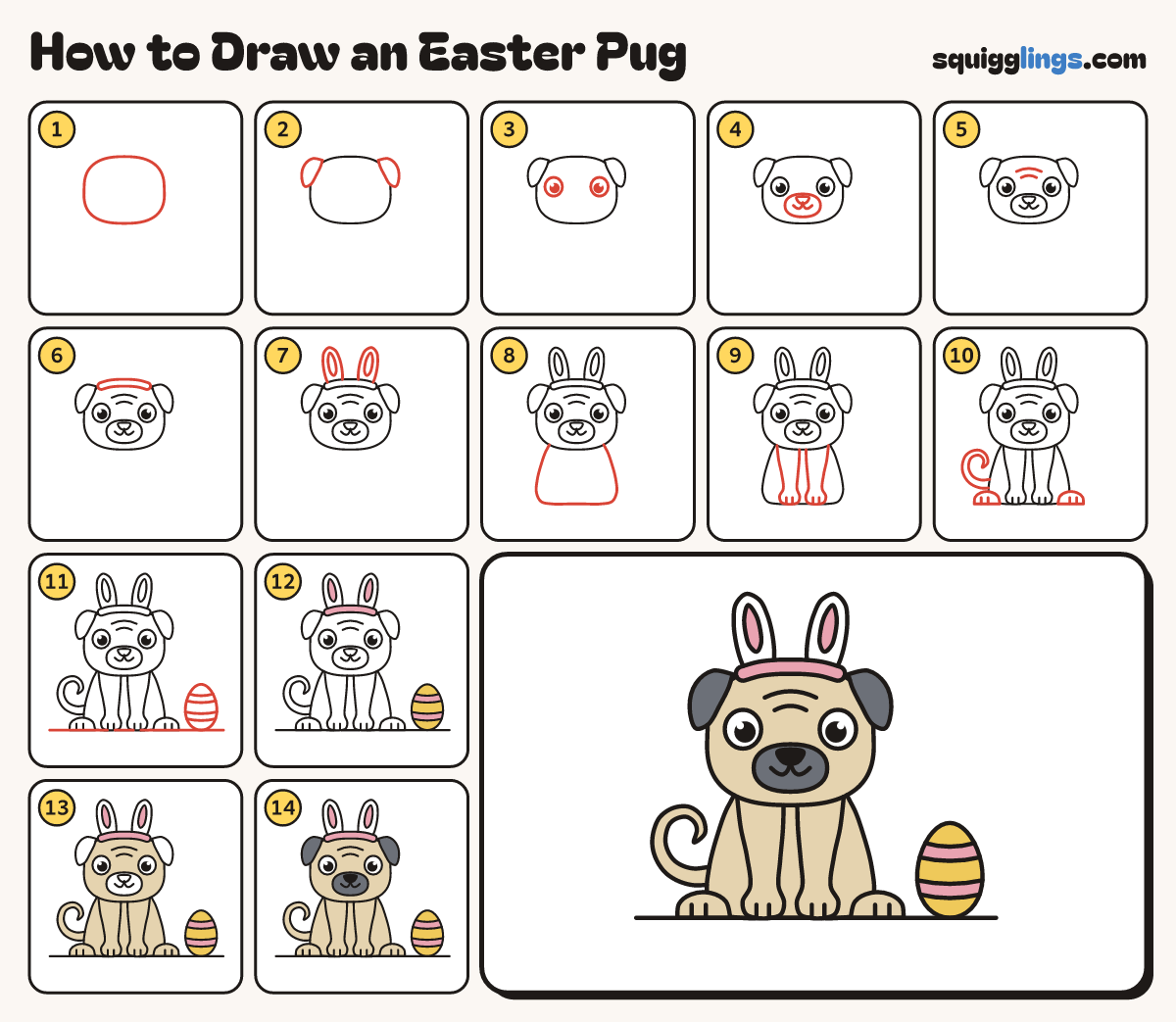 How to Draw an Easter Pug step by step: all 14 steps in one picture