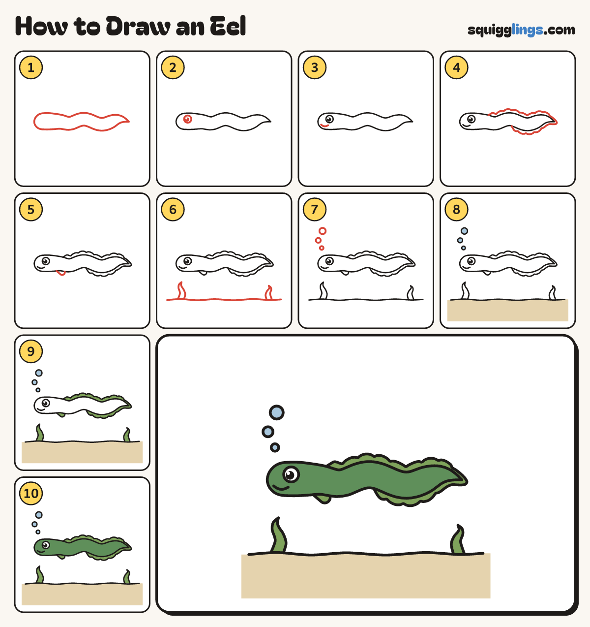 How to Draw an Eel step by step: all 10 steps in one picture