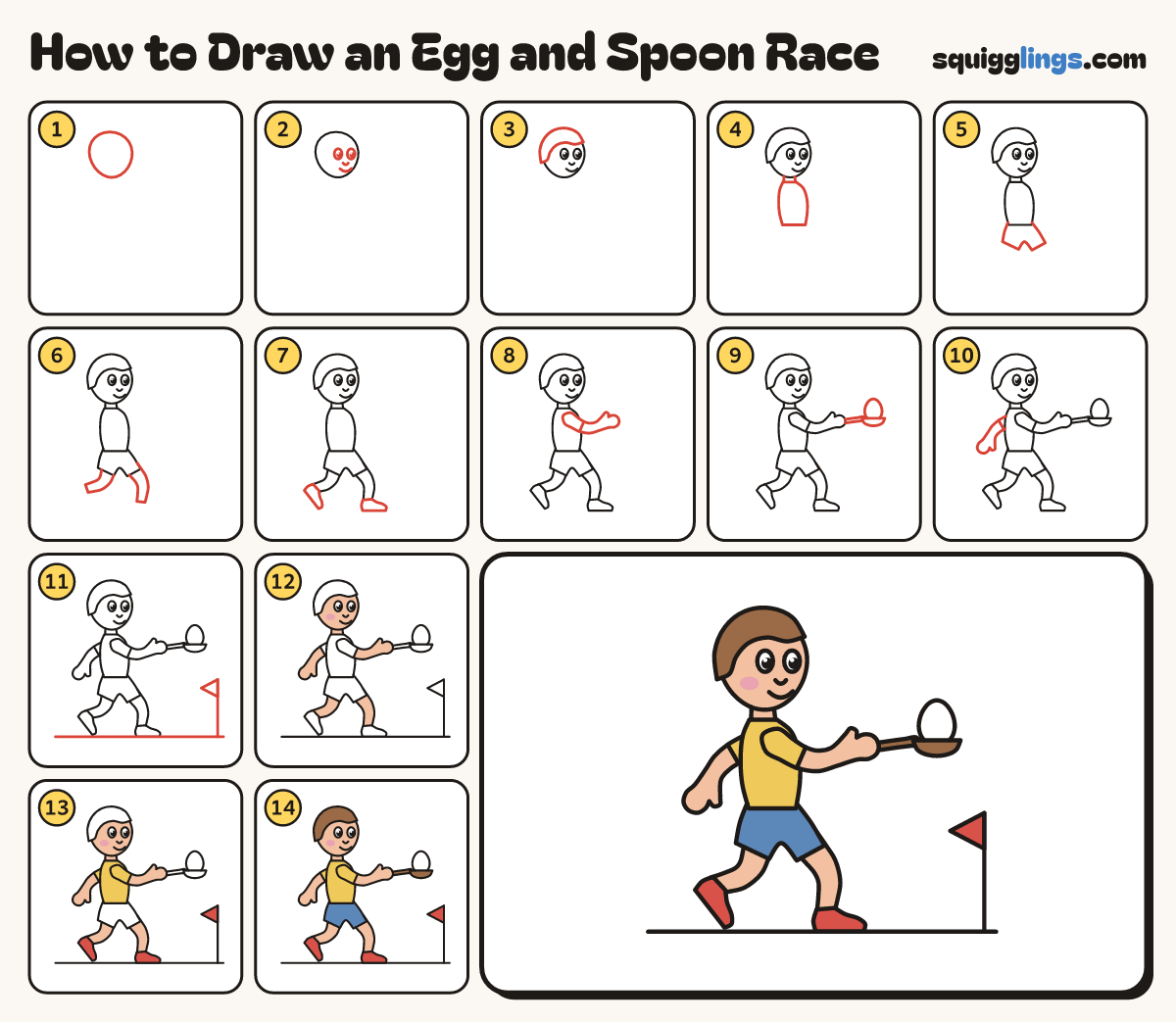 How to Draw an Egg and Spoon Race step by step: all 14 steps in one picture