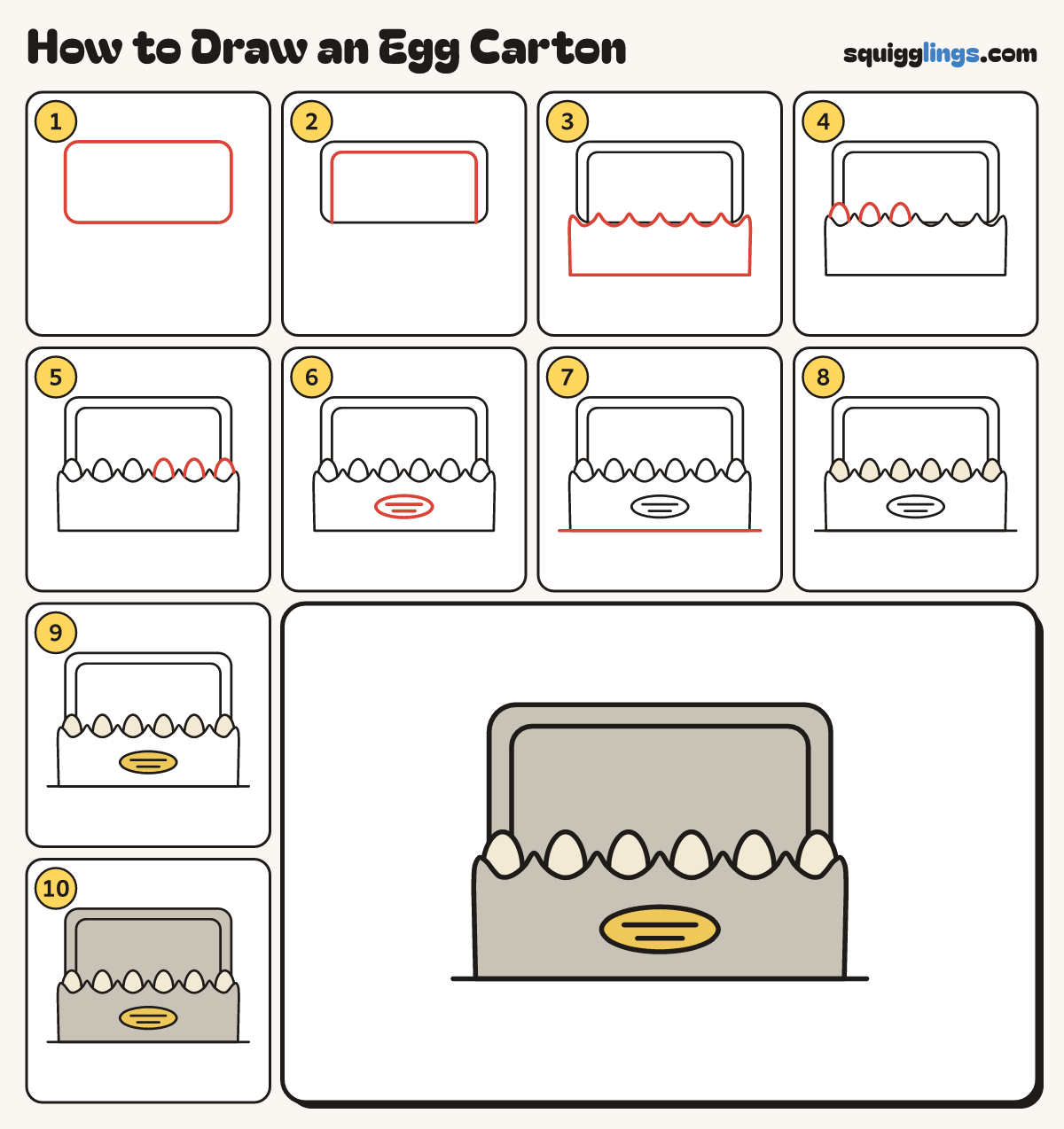How to Draw an Egg Carton step by step: all 10 steps in one picture