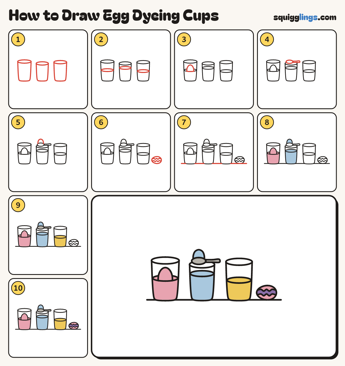 How to Draw Egg Dyeing Cups step by step: all 10 steps in one picture