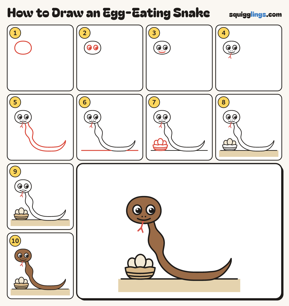 How to Draw an Egg-Eating Snake step by step: all 10 steps in one picture