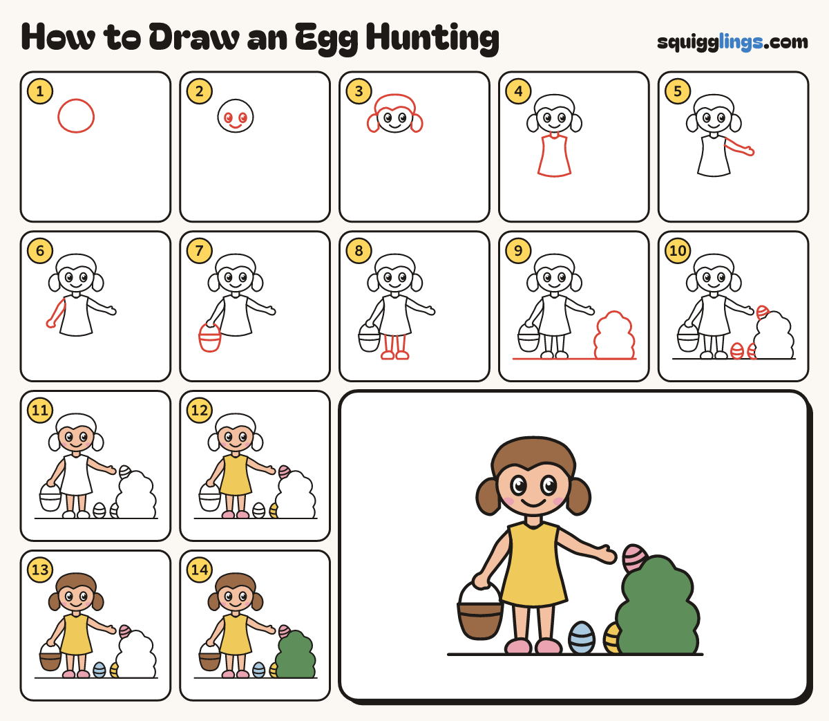 How to Draw an Egg Hunting step by step: all 14 steps in one picture