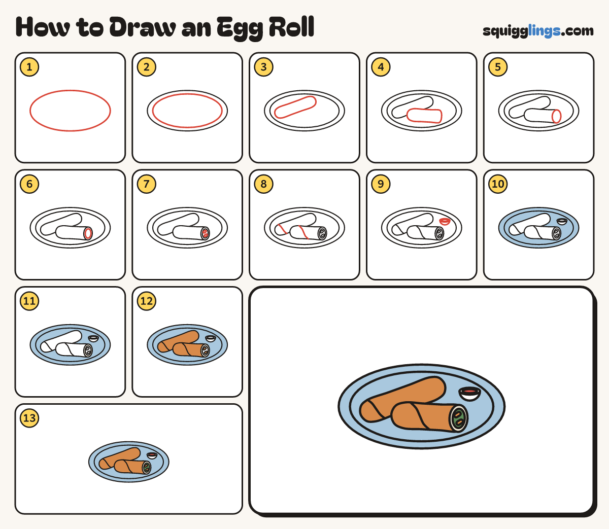 How to Draw an Egg Roll step by step: all 13 steps in one picture