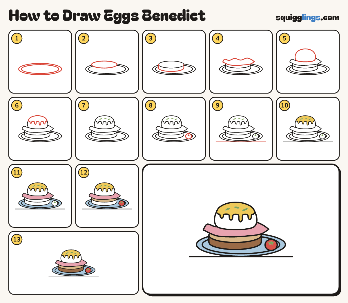How to Draw Eggs Benedict step by step: all 13 steps in one picture