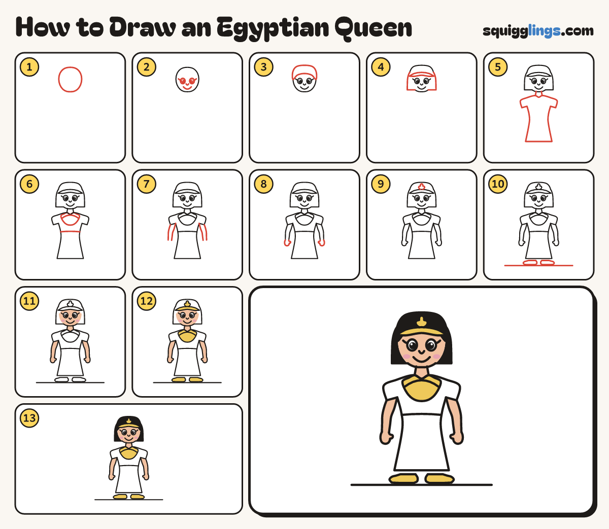 How to Draw an Egyptian Queen step by step: all 13 steps in one picture