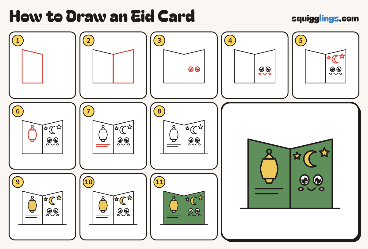 How to Draw an Eid Card step by step: all 11 steps in one picture
