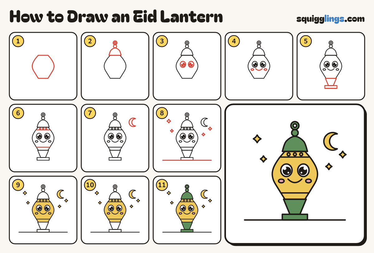 How to Draw an Eid Lantern step by step: all 11 steps in one picture