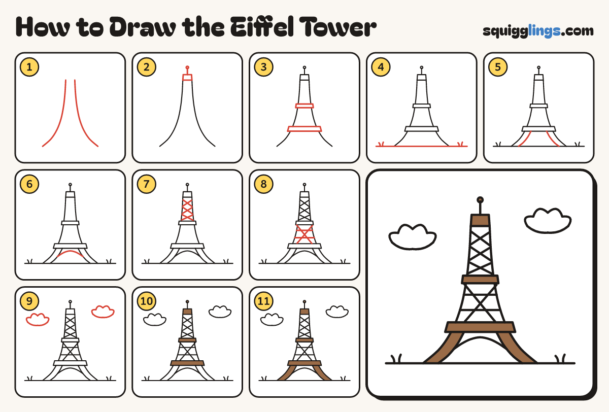 How to Draw the Eiffel Tower step by step: all 11 steps in one picture