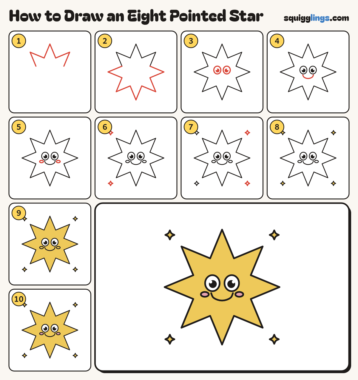 How to Draw an Eight Pointed Star step by step: all 10 steps in one picture