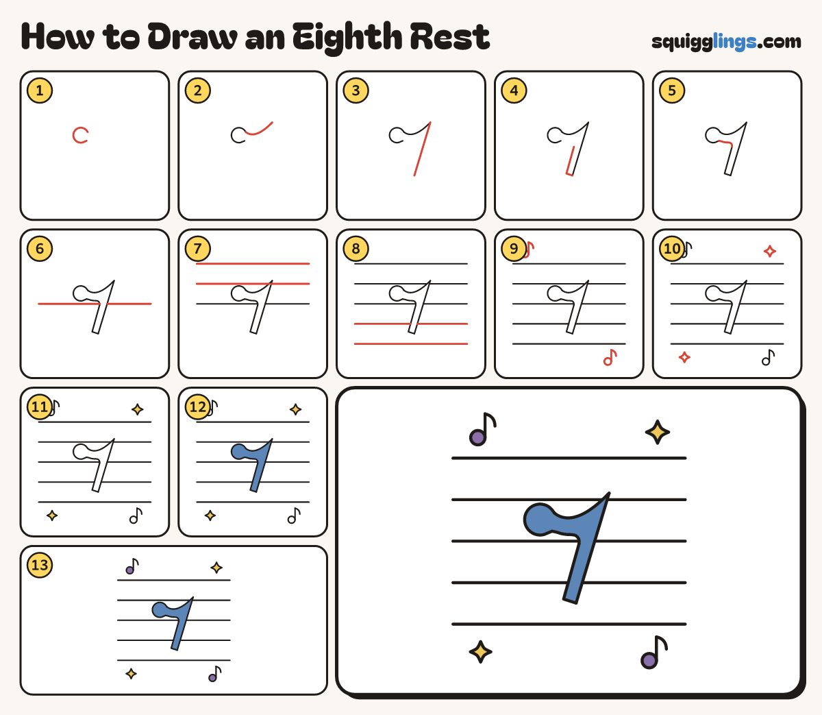 How to Draw an Eighth Rest step by step: all 13 steps in one picture