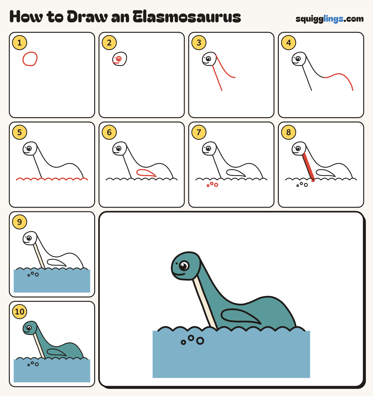 How to Draw an Elasmosaurus step by step: all 10 steps in one picture
