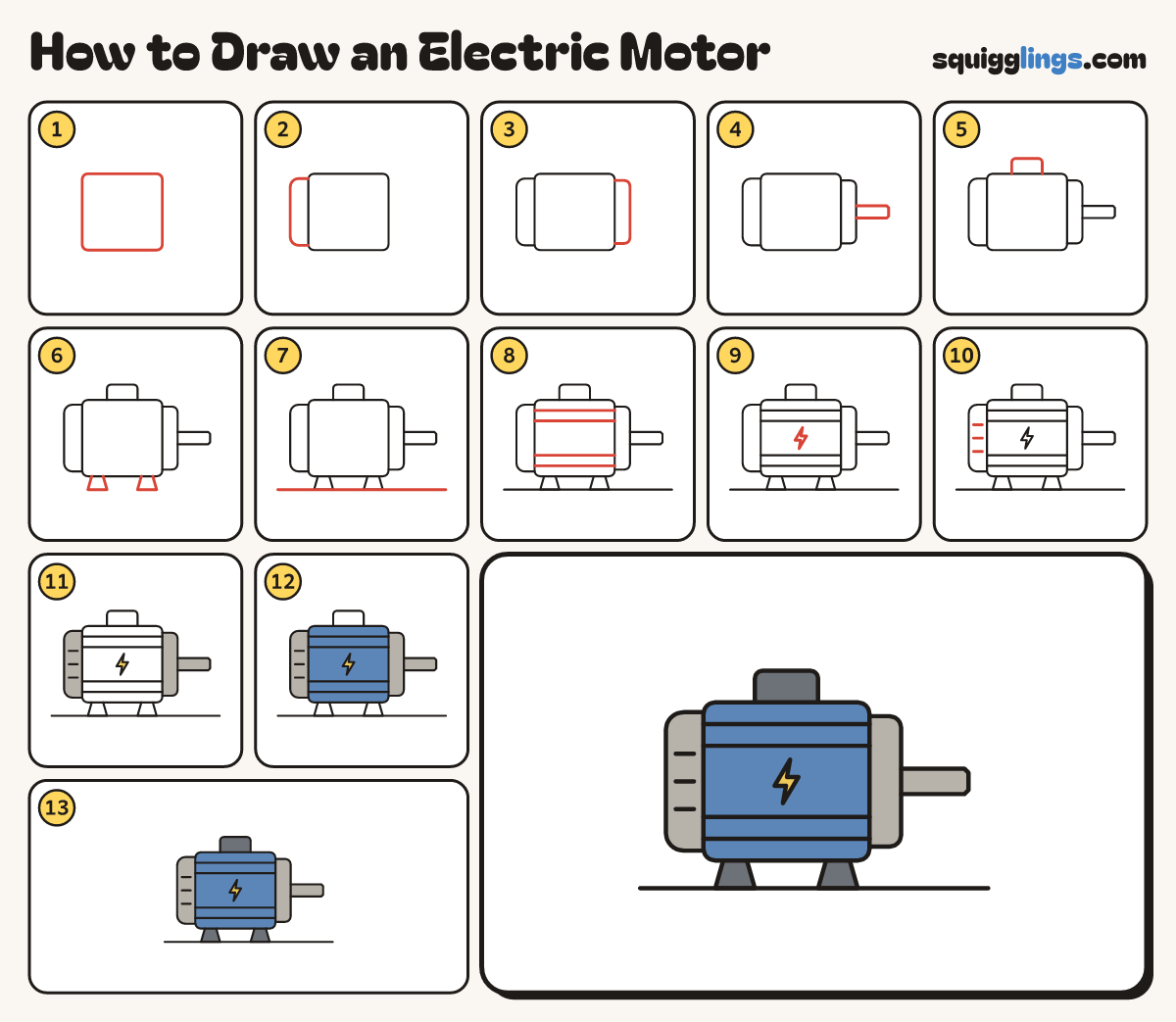 How to Draw an Electric Motor step by step: all 13 steps in one picture