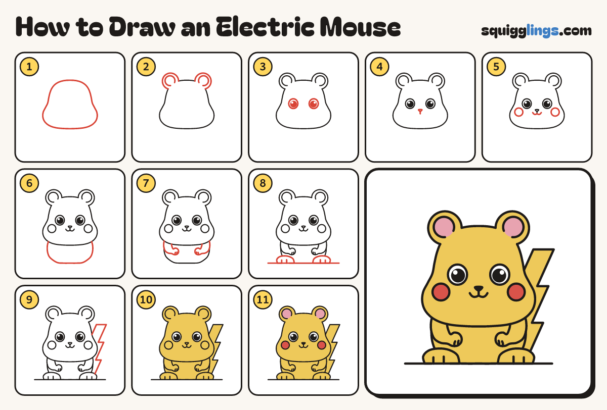How to Draw an Electric Mouse step by step: all 11 steps in one picture