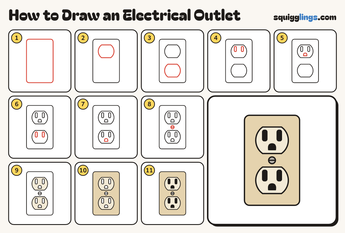 How to Draw an Electrical Outlet step by step: all 11 steps in one picture