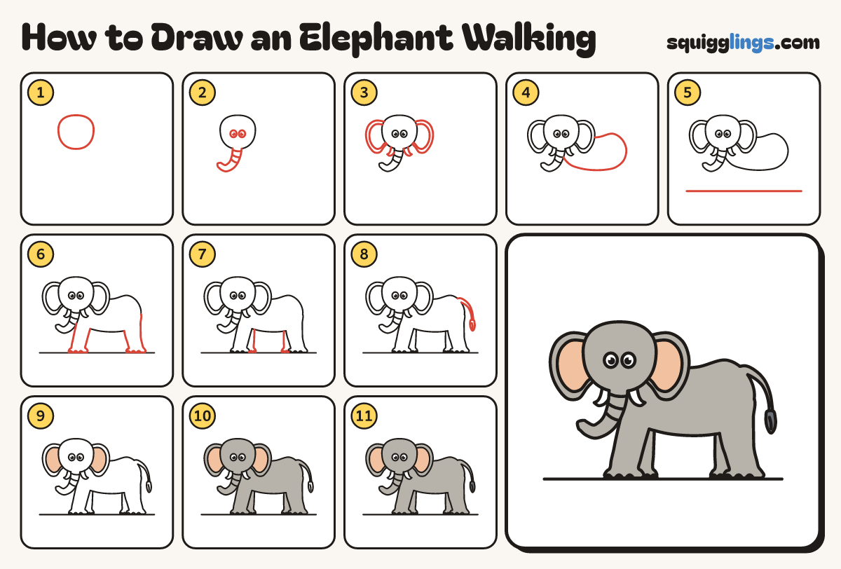 How to Draw an Elephant Walking step by step: all 11 steps in one picture