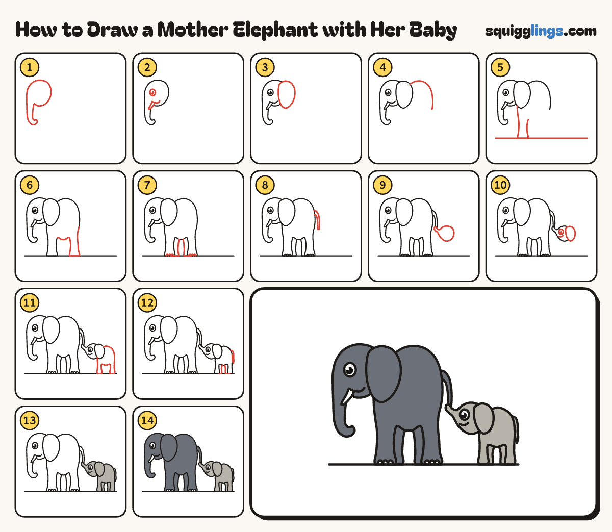 How to Draw a Mother Elephant with Her Baby step by step: all 14 steps in one picture